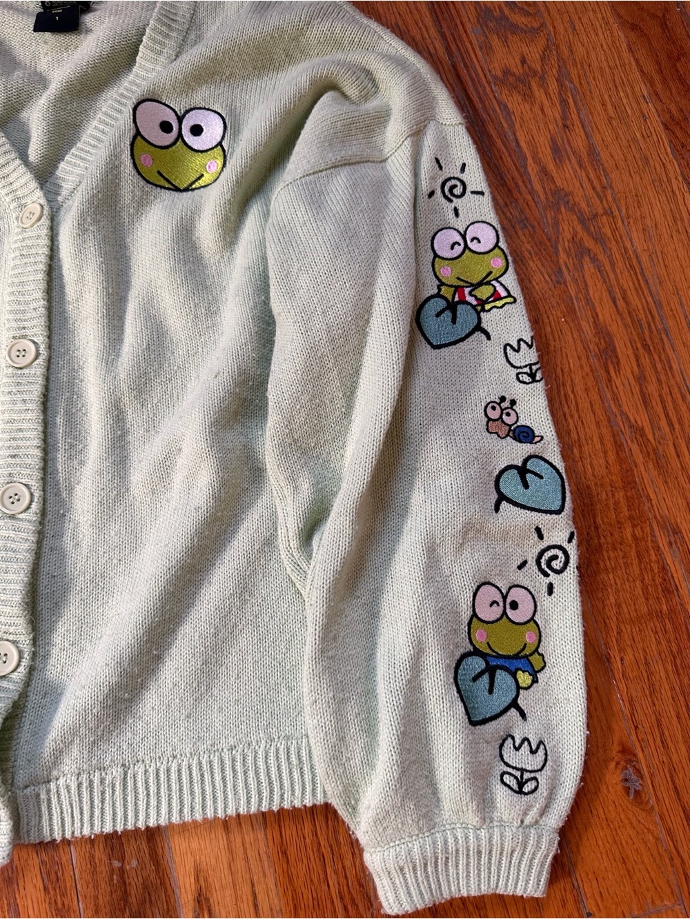 Keroppi Embriodered Button-Front Cardigan Sweater - Light Green - Picture 2 of 10